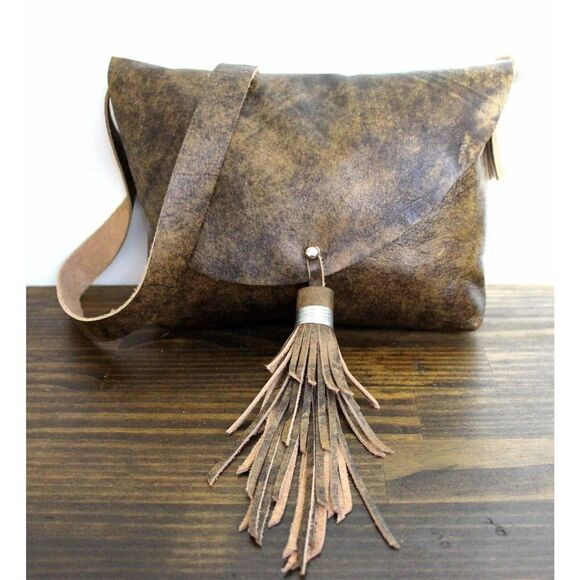 MURKA OLIVE BROWN DISTRESSED GENUINE LEATHER FRINGE TASSEL X-BODY SHOULDER BAG - Picture 1 of 10